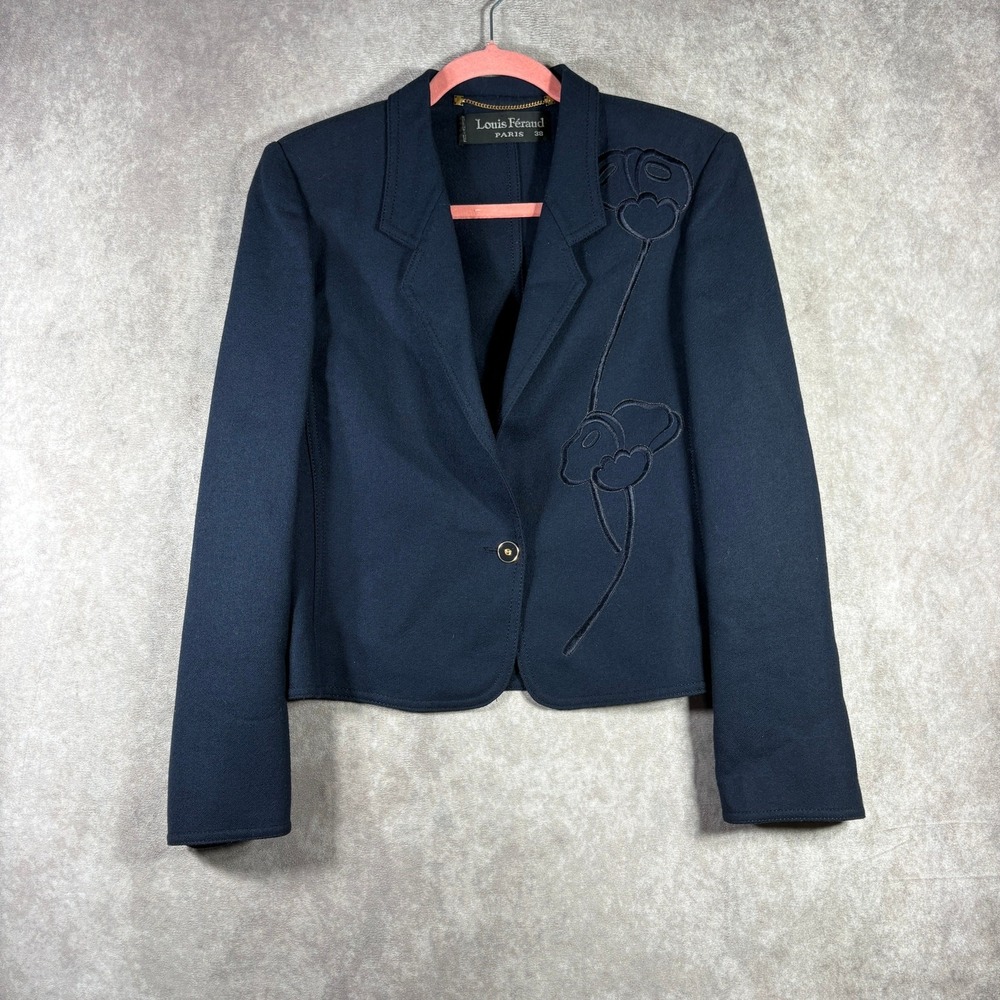Louis Féraud Paris Blazer Jacket Womens 38 Navy Blue Wool Embroidered‎ Floral